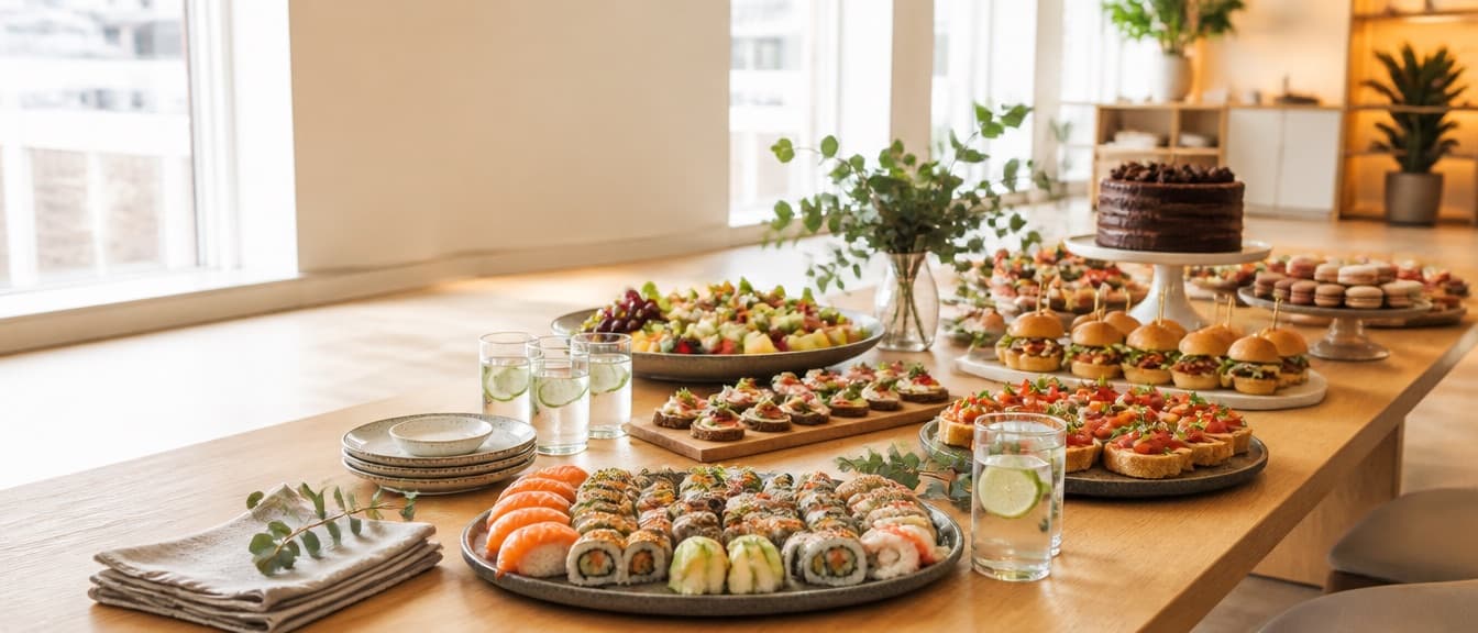 Veisluborð með smáréttum, tertu og sushi frá veitendum SMAKK